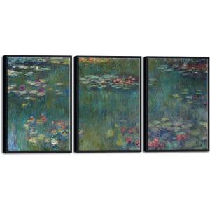 imageWieco Art 3 Panels Framed Canvas Wall Art Water Lilies by Claude Monet Famous Paintings Canvas Prints for Living Room Impressionistic Flower Wall Pictures for Bedroom Decorations16x24inchx3pcs Framed
