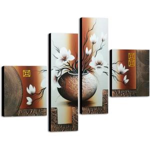 imageWieco Art Huge Size Stretched and Framed Artwork 4 Panels 100 Handpainted Modern Canvas Wall Art Elegant Flowers Paintings for Wall Decor Floral Oil Paintings on Canvas Art XLMulti