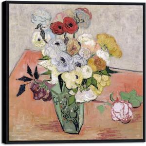 imageWieco Art Framed Wall Art Japanese Vase with Roses and Anemones by Vincent Van Gogh Oil Paintings Reproduction Artwork Flowers on Canvas Wall Art for Home and office Decorations