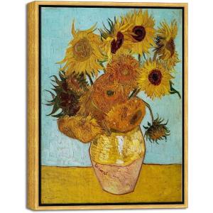 imageWieco Art Framed Wall Art of Sunflower by Vincent Van Gogh Paintings Reproduction Abstract Canvas Prints for Home Living Room Decorations Bronze Gold Frame