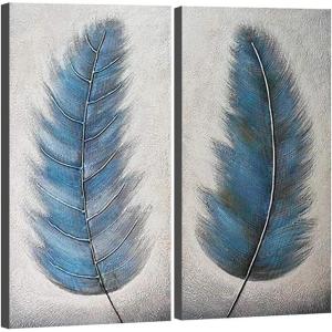 imageWieco Art Blue Feathers Abstract Paintings Wall Art on Canvas Mordern Canvas Wall Art for Living Room Bedroom Wall Decor Contemporary Artwork for Home Decorations