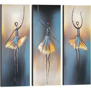 imageWieco Art Dancing Girls Modern Large Contemporary 3 Panels 100 Hand Painted Stretched and Framed Ballet Dancers Oil Paintings on Canvas Wall Art Work for Living Room Bedroom Home DecorationsBlue and grey
