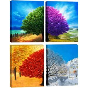 imageWieco Art Four Change Seasons Trees Canvas Prints Wall Art by Oil Paintings Style Pictures for Living Room Bedroom Home Decorations 4 Piece Modern Gallery Wrapped Contemporary Colorful Giclee16x20inchx4pcs
