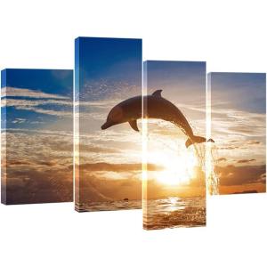 imageWieco Art Happy Dolphin Giclee Canvas Prints Wall Art Ocean Animals Sea Beach Landscape Pictures Paintings for Living Room Bedroom Home Decorations Large 4 Piece Modern Grace Seascape Artwork L