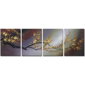 imageWieco Art Plum Blossom Floral Paintings on Canvas Prints Wall Art for Living Room Bedroom Home Decorations Modern 4 Piece Stretched and Framed Contemporary Giclee Grace Gold Flowers Pictures Artwork