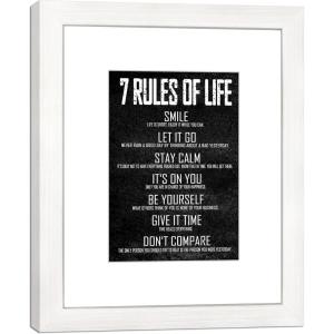 imageWieco Art 7RULES Quotes Wall Art Inspirational Canvas Print Motivation Classroom Decor With White Picture Frame and Real Glass Made to Display 5x7 with Mat or 8x10 Without Mat