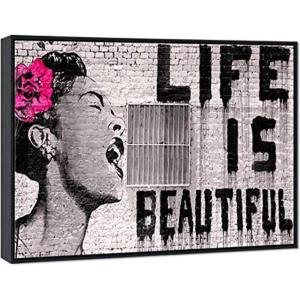 imageWieco Art Banksy Life is Beautiful Modern Gallery Wrapped Giclee Canvas Prints Artwork Grey Love Abstract Pictures Paintings on Canvas Wall Art Ready to Hang for Bedroom Home Office Decorations37L x 25W