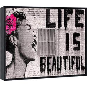 imageWieco Art Banksy Life is Beautiful Modern Gallery Wrapped Giclee Canvas Prints Artwork Grey Love Abstract Pictures Paintings on Canvas Wall Art Ready to Hang for Bedroom Home Office Decorations25L x 21W