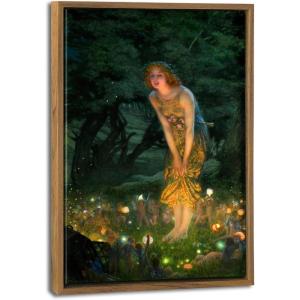 imageWieco Art Framed Canvas Wall Art Fairy Tale Midsummer Eve with A Girl and Elves by Edward Robert Hughe Neoclassical Art Nouveau Print Picture for Living Room Home Decorations
