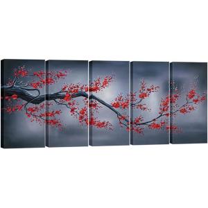 imageWieco Art Red Plum Blossom 5 Panels Canvas Prints Wall Art Paintings Style Pictures for Living Room Bedroom Home Decorations Stretched Classic Flowers Artwork
