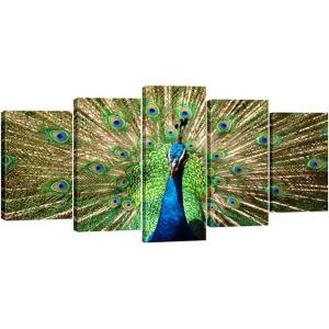 imageWieco Art The Peacock Canvas Prints Wall Art Green Animals Pictures Paintings for Living Room Bedroom Kitchen Home Decorations Wall Decor 5 Piece Modern Stretched and Framed Grace Giclee Artwork