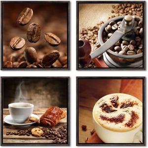 imageWieco Art Framed Canvas Wall Art Coffee Canvas Prints Wall Decor Brown Cup Pictures Paintings for Dining Room Kitchen Bar Home Decorations 4 Piece Large Modern Contemporary Artwork