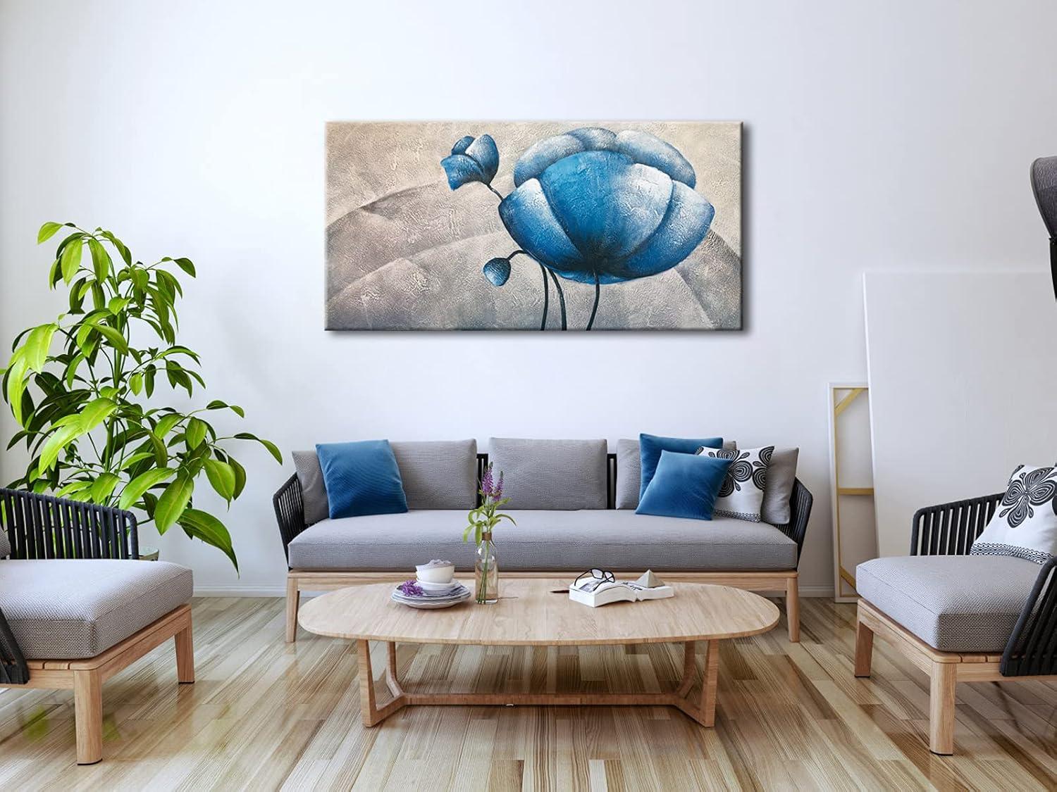 imageWieco Art 100 handpainted oil painting White Blue Abstract Botanic Paintings Wall Art on Canvas Mordern Canvas Wall Art for Living Room Bedroom Wall Decor Contemporary Artwork