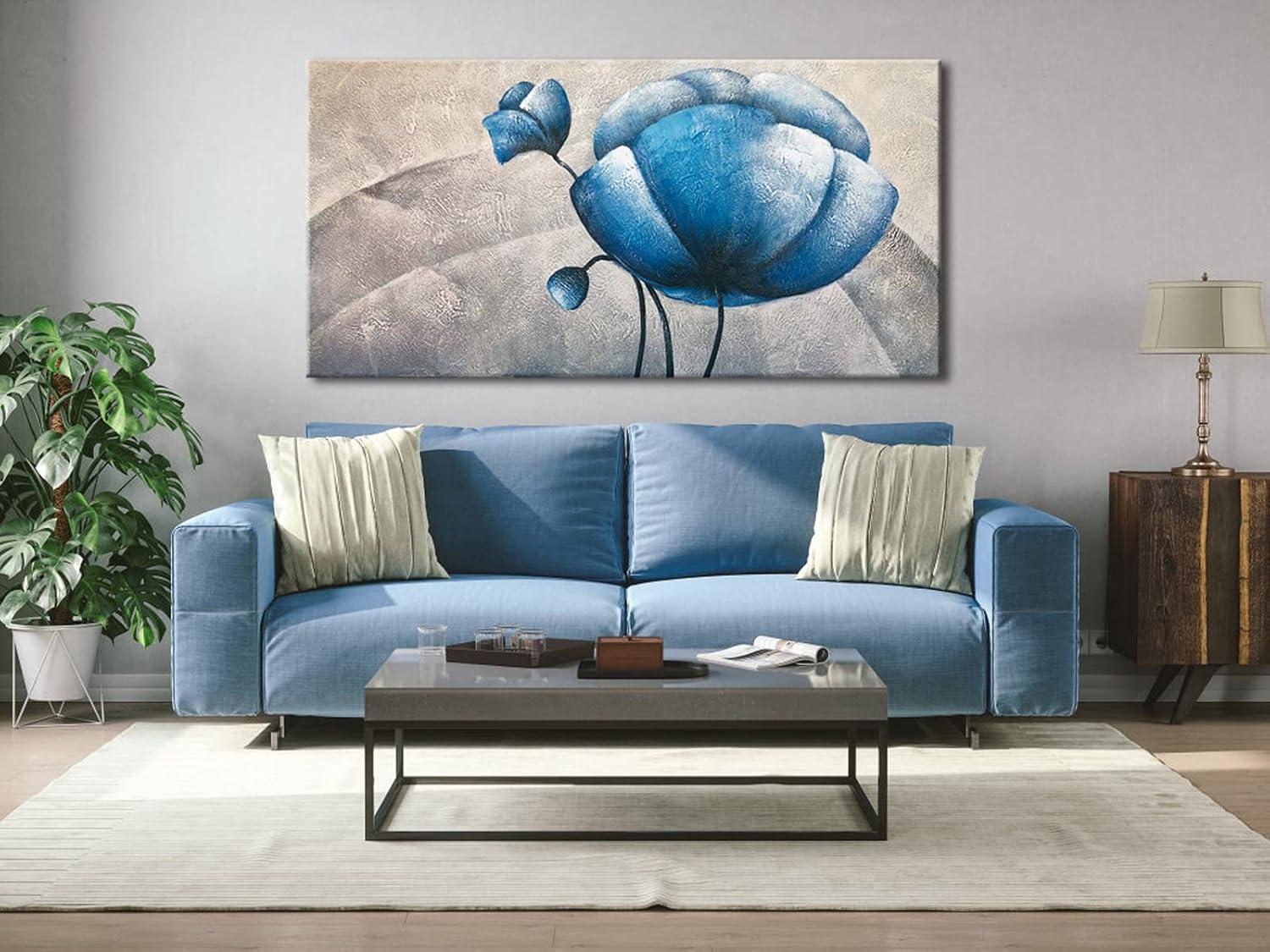 imageWieco Art 100 handpainted oil painting White Blue Abstract Botanic Paintings Wall Art on Canvas Mordern Canvas Wall Art for Living Room Bedroom Wall Decor Contemporary Artwork