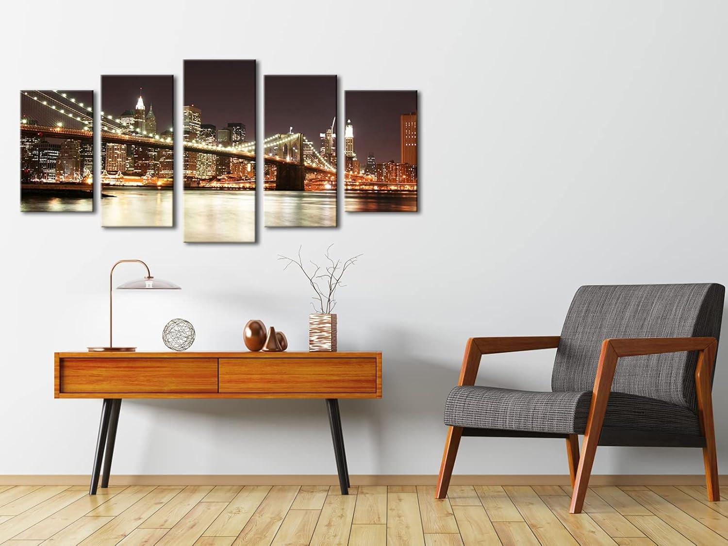 imageWieco Art 5 Piece Giclee Canvas Prints Wall Art The Brooklyn Bridge Landscape Pictures Photo Paintings for Living Room Bedroom Home Decorations Modern Stretched and Framed City Skyline Art Work