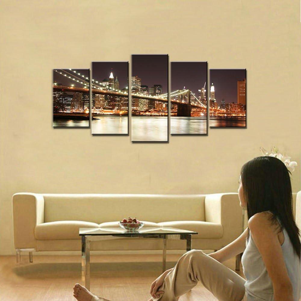 imageWieco Art 5 Piece Giclee Canvas Prints Wall Art The Brooklyn Bridge Landscape Pictures Photo Paintings for Living Room Bedroom Home Decorations Modern Stretched and Framed City Skyline Art Work