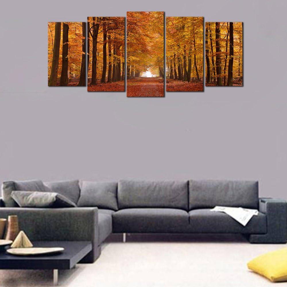 imageWieco Art Autumn Forest Large Modern 5 Panels Gallery Wrapped Giclee Canvas Print Landscape Pictures Paintings on Canvas Wall Art Work Ready to Hang for Living Room Home Office Decor L14x24inchx2pcs 14x24inchx2pcs 14x32inchx1pc