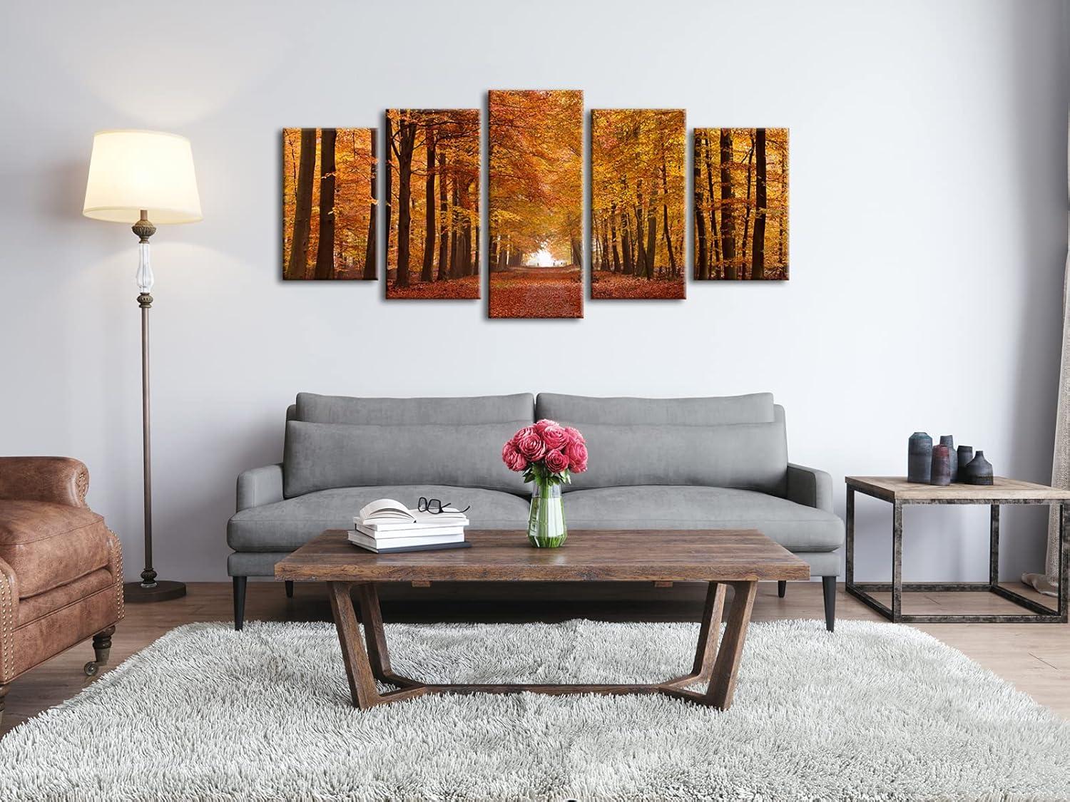 imageWieco Art Autumn Forest Large Modern 5 Panels Gallery Wrapped Giclee Canvas Print Landscape Pictures Paintings on Canvas Wall Art Work Ready to Hang for Living Room Home Office Decor L10x16inchx2pcs 10x20inchx2pcs 10x24inchx1pc