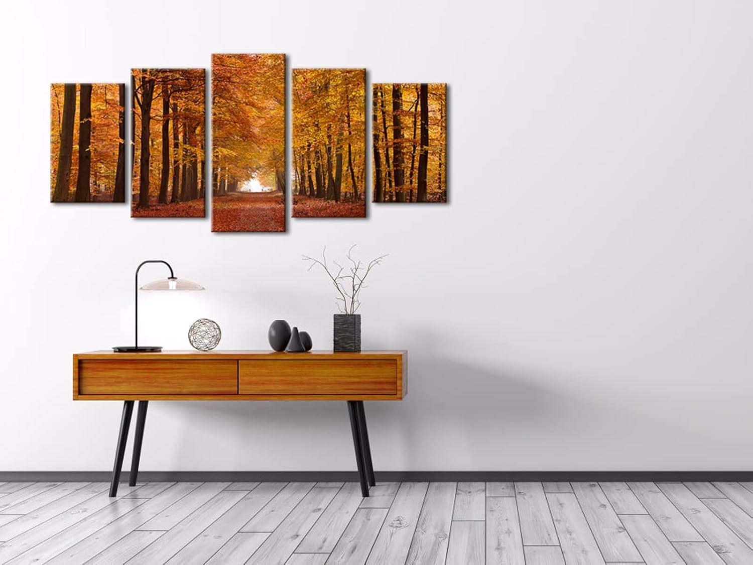 imageWieco Art Autumn Forest Large Modern 5 Panels Gallery Wrapped Giclee Canvas Print Landscape Pictures Paintings on Canvas Wall Art Work Ready to Hang for Living Room Home Office Decor L10x16inchx2pcs 10x20inchx2pcs 10x24inchx1pc