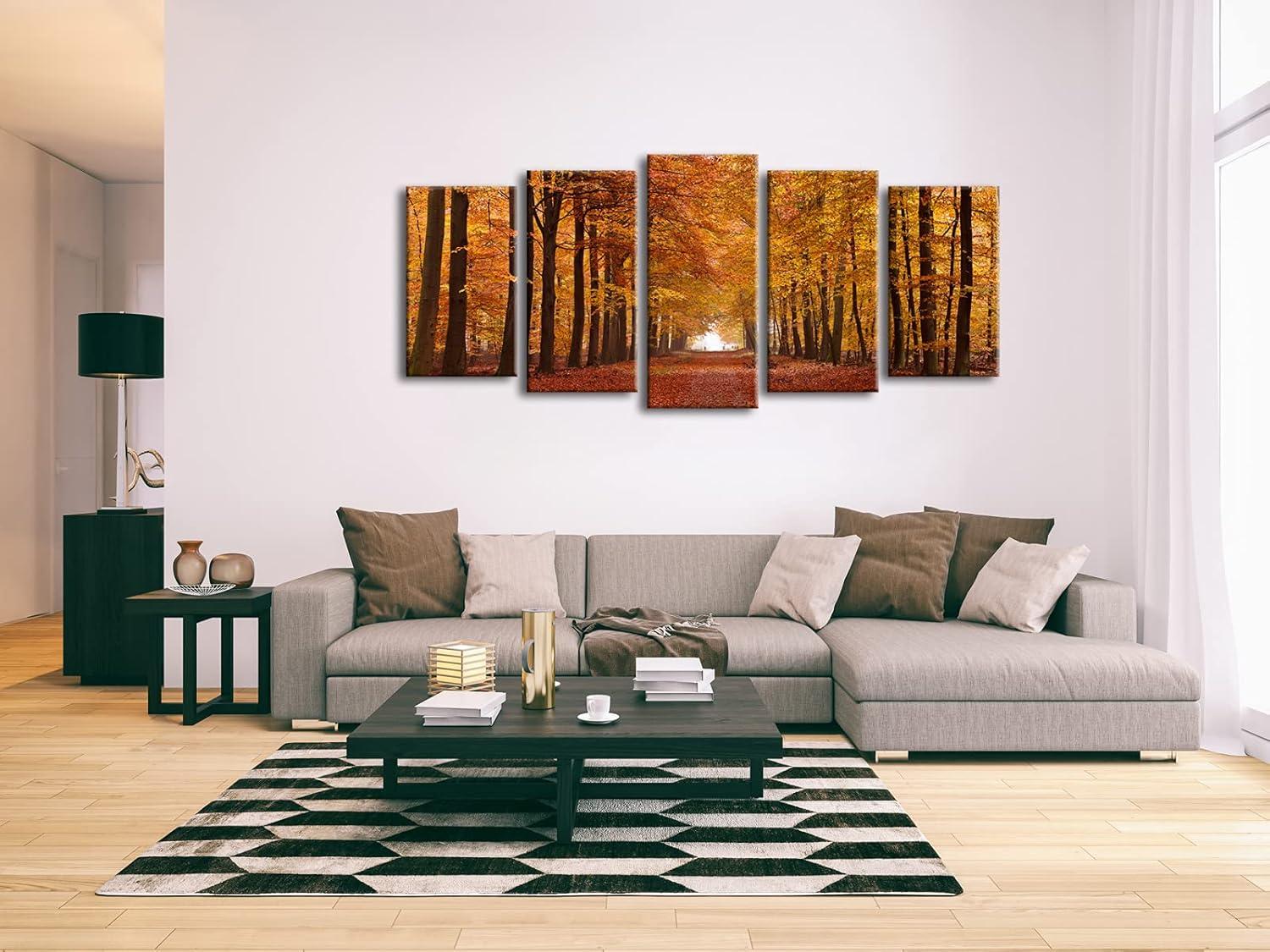 imageWieco Art Autumn Forest Large Modern 5 Panels Gallery Wrapped Giclee Canvas Print Landscape Pictures Paintings on Canvas Wall Art Work Ready to Hang for Living Room Home Office Decor L14x24inchx2pcs 14x24inchx2pcs 14x32inchx1pc