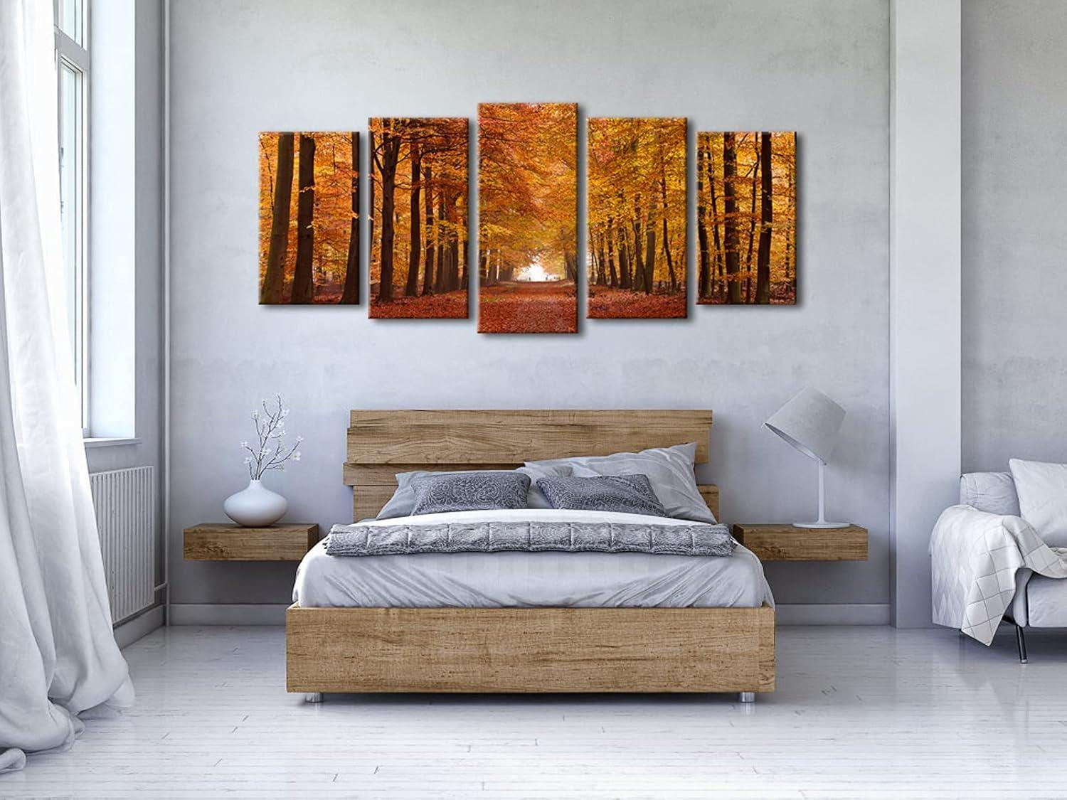 imageWieco Art Autumn Forest Large Modern 5 Panels Gallery Wrapped Giclee Canvas Print Landscape Pictures Paintings on Canvas Wall Art Work Ready to Hang for Living Room Home Office Decor L14x24inchx2pcs 14x24inchx2pcs 14x32inchx1pc