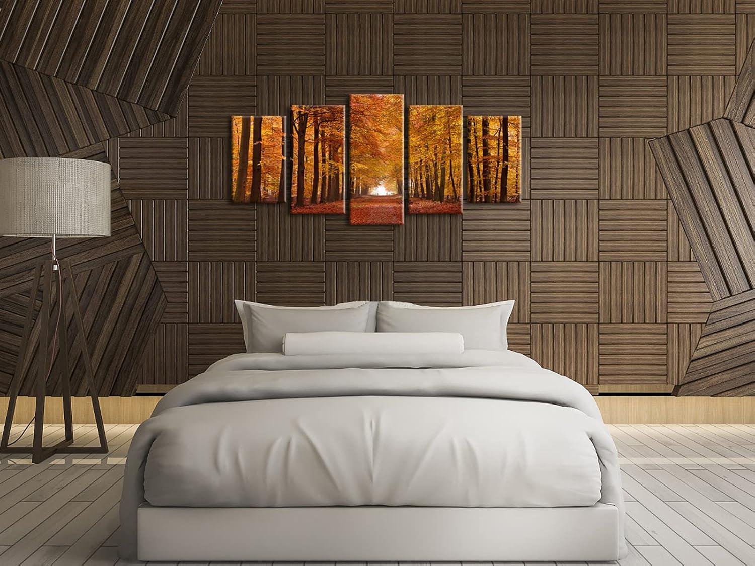 imageWieco Art Autumn Forest Large Modern 5 Panels Gallery Wrapped Giclee Canvas Print Landscape Pictures Paintings on Canvas Wall Art Work Ready to Hang for Living Room Home Office Decor L10x16inchx2pcs 10x20inchx2pcs 10x24inchx1pc
