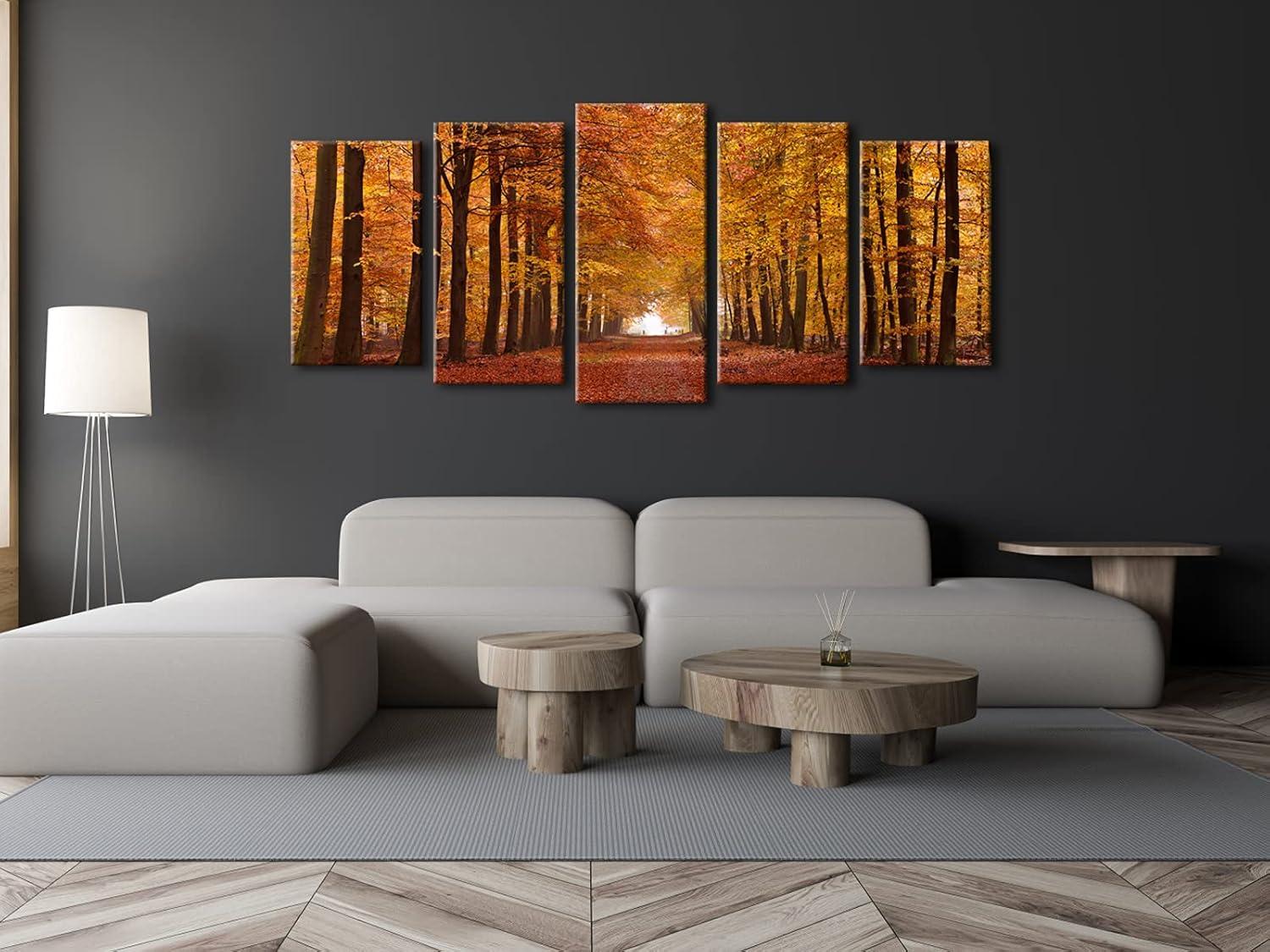imageWieco Art Autumn Forest Large Modern 5 Panels Gallery Wrapped Giclee Canvas Print Landscape Pictures Paintings on Canvas Wall Art Work Ready to Hang for Living Room Home Office Decor L14x24inchx2pcs 14x24inchx2pcs 14x32inchx1pc