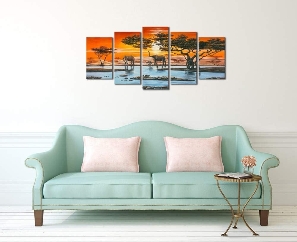 imageWieco Art Elephant Family Large Modern 5 Piece Gallery Wrapped African Landscape Giclee Canvas Prints Artwork Animals Paintings Reproduction Pictures on Canvas Wall Art for Bedroom Home Decor L10x16inchx2pcs 10x20inchx2pcs 10x24inchx1pc