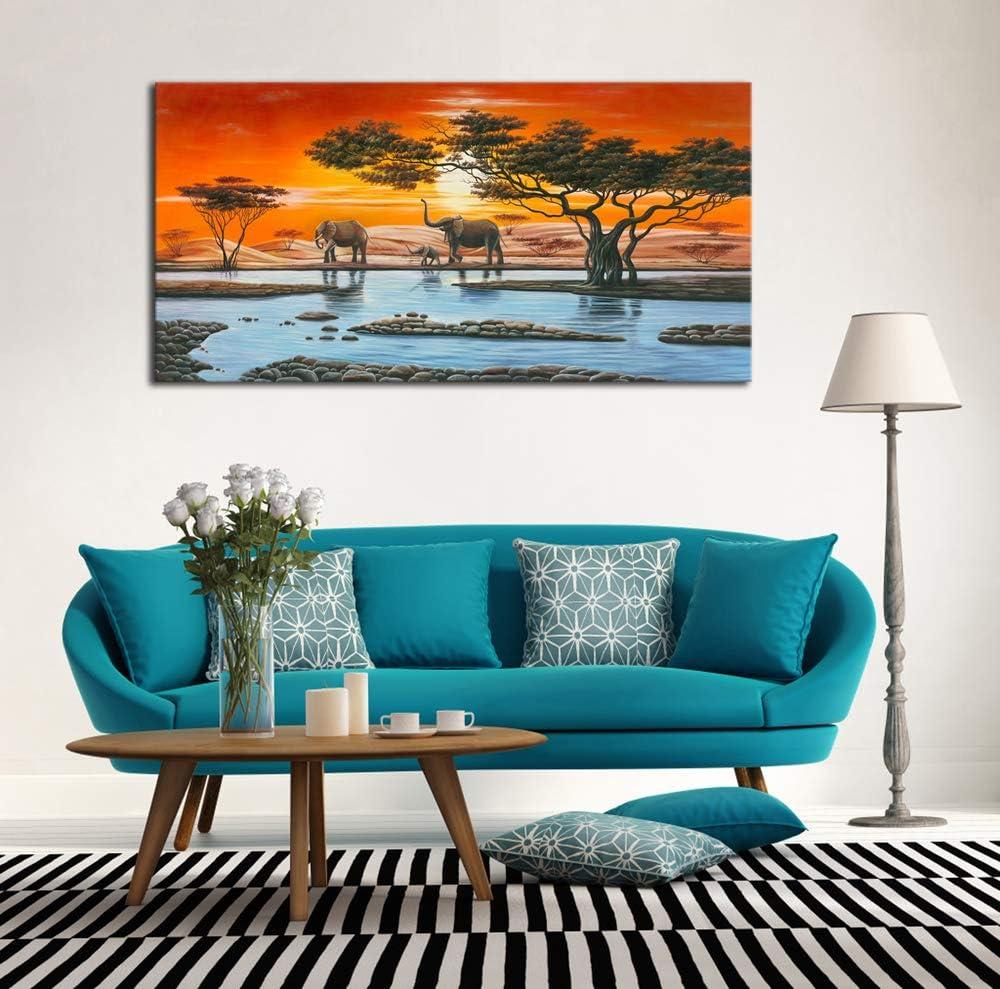 imageWieco Art Elephant Family Large Modern 5 Piece Gallery Wrapped African Landscape Giclee Canvas Prints Artwork Animals Paintings Reproduction Pictures on Canvas Wall Art for Bedroom Home Decor L48L x 24W