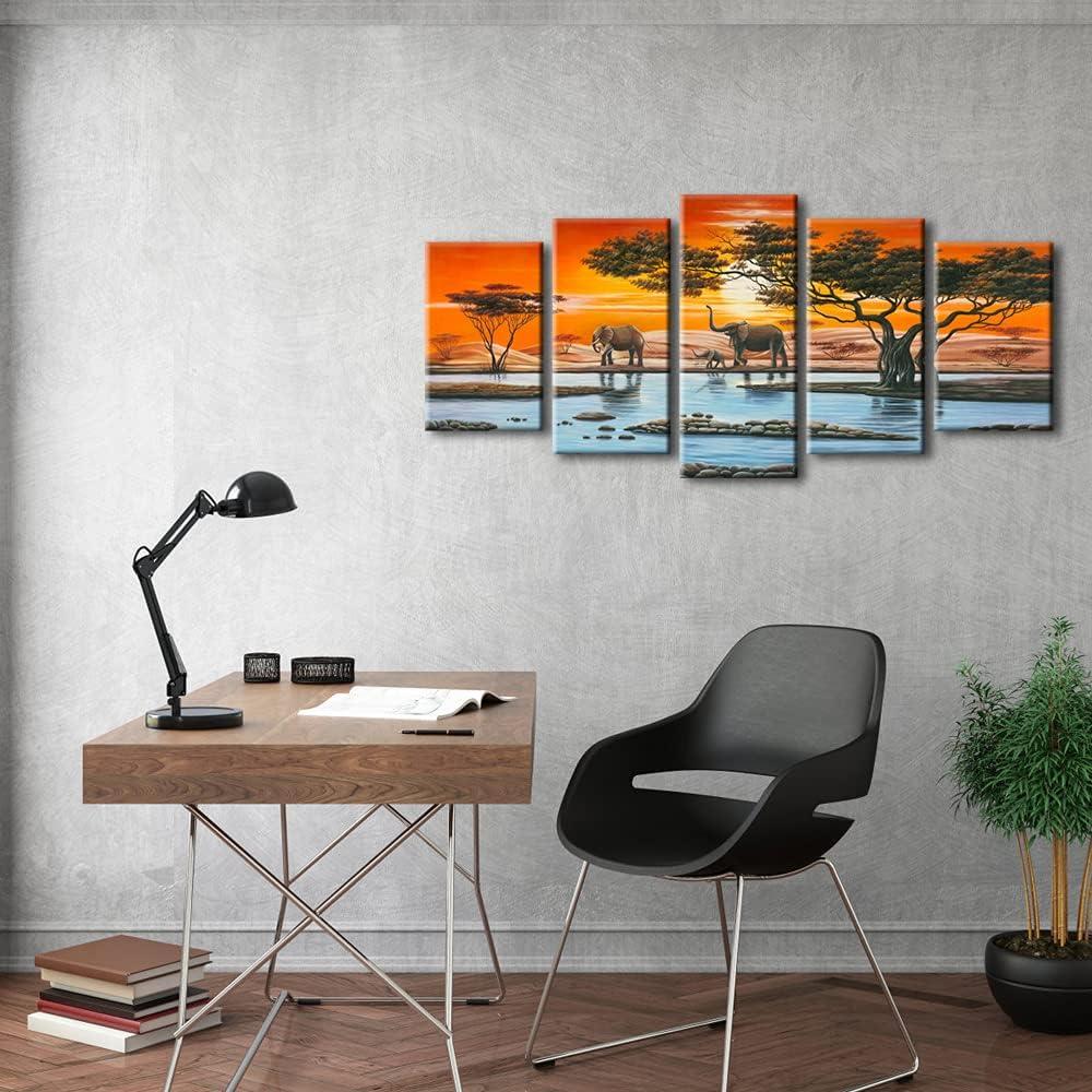 imageWieco Art Elephant Family Large Modern 5 Piece Gallery Wrapped African Landscape Giclee Canvas Prints Artwork Animals Paintings Reproduction Pictures on Canvas Wall Art for Bedroom Home Decor L10x16inchx2pcs 10x20inchx2pcs 10x24inchx1pc