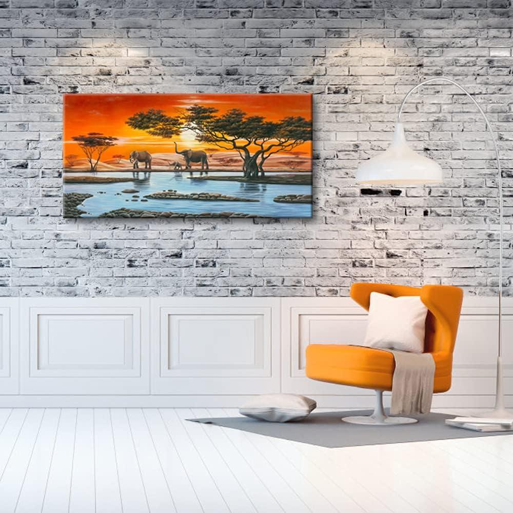 imageWieco Art Elephant Family Large Modern 5 Piece Gallery Wrapped African Landscape Giclee Canvas Prints Artwork Animals Paintings Reproduction Pictures on Canvas Wall Art for Bedroom Home Decor L48L x 24W