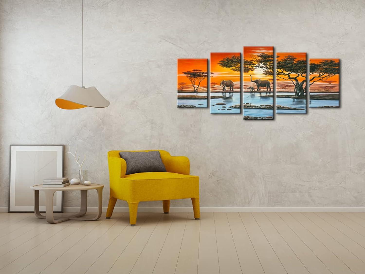 imageWieco Art Elephant Family Large Modern 5 Piece Gallery Wrapped African Landscape Giclee Canvas Prints Artwork Animals Paintings Reproduction Pictures on Canvas Wall Art for Bedroom Home Decor L10x16inchx2pcs 10x20inchx2pcs 10x24inchx1pc