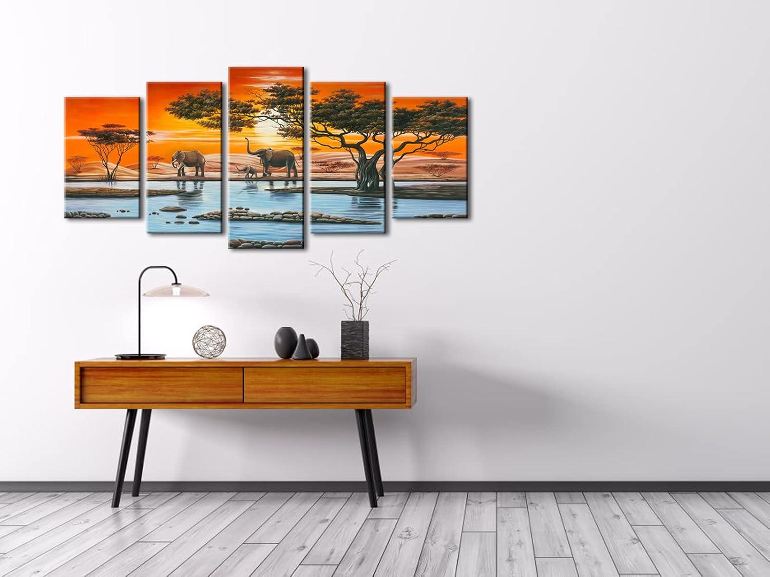 imageWieco Art Elephant Family Large Modern 5 Piece Gallery Wrapped African Landscape Giclee Canvas Prints Artwork Animals Paintings Reproduction Pictures on Canvas Wall Art for Bedroom Home Decor L10x16inchx2pcs 10x20inchx2pcs 10x24inchx1pc