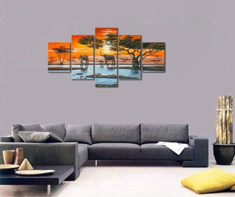 imageWieco Art Elephant Family Large Modern 5 Piece Gallery Wrapped African Landscape Giclee Canvas Prints Artwork Animals Paintings Reproduction Pictures on Canvas Wall Art for Bedroom Home Decor L12x16inchx2pcs 12x24inchx2pcs 12x32inchx1pc
