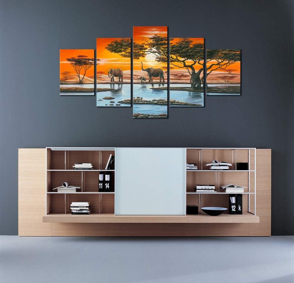 imageWieco Art Elephant Family Large Modern 5 Piece Gallery Wrapped African Landscape Giclee Canvas Prints Artwork Animals Paintings Reproduction Pictures on Canvas Wall Art for Bedroom Home Decor L12x16inchx2pcs 12x24inchx2pcs 12x32inchx1pc
