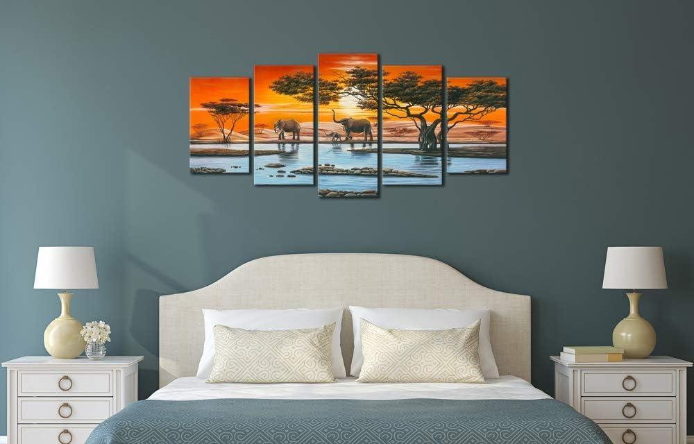 imageWieco Art Elephant Family Large Modern 5 Piece Gallery Wrapped African Landscape Giclee Canvas Prints Artwork Animals Paintings Reproduction Pictures on Canvas Wall Art for Bedroom Home Decor L10x16inchx2pcs 10x20inchx2pcs 10x24inchx1pc