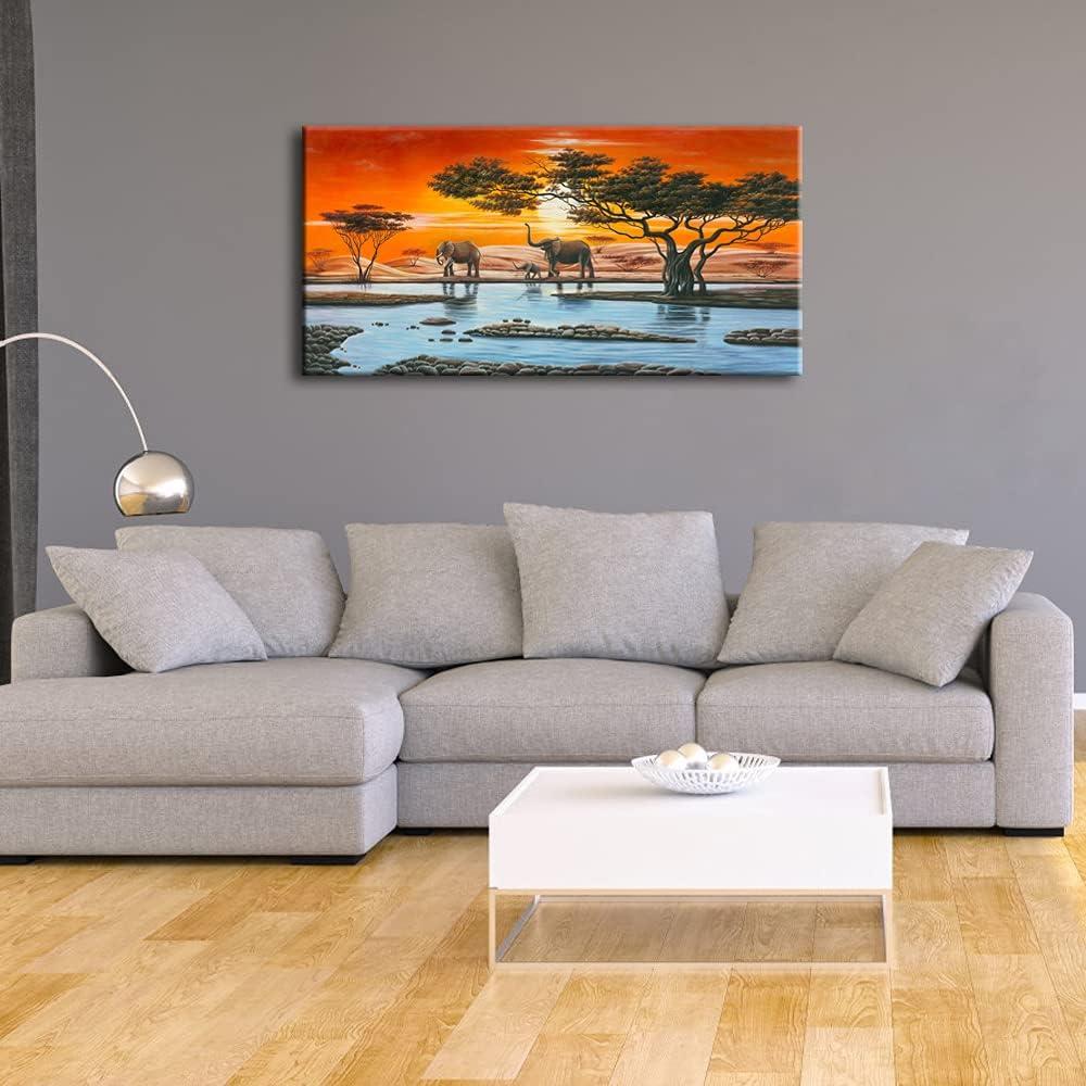 imageWieco Art Elephant Family Large Modern 5 Piece Gallery Wrapped African Landscape Giclee Canvas Prints Artwork Animals Paintings Reproduction Pictures on Canvas Wall Art for Bedroom Home Decor L48L x 24W