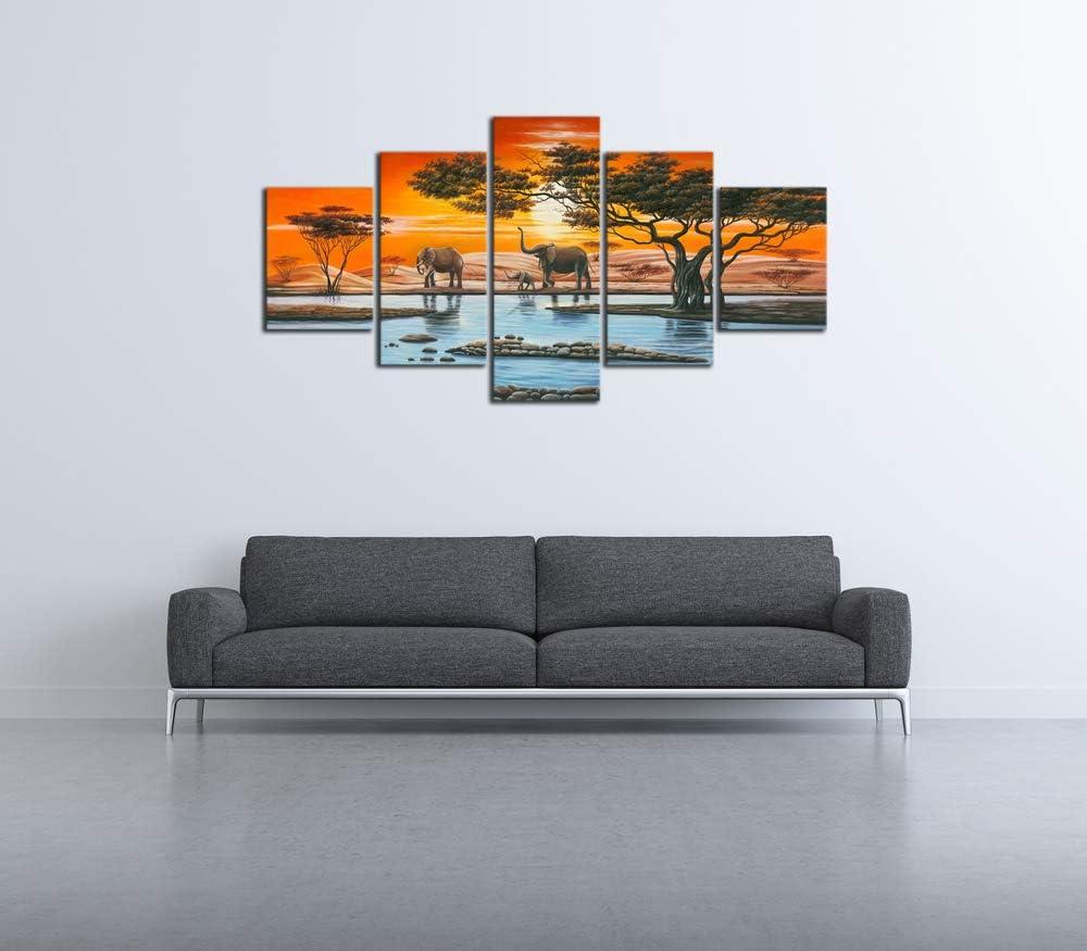imageWieco Art Elephant Family Large Modern 5 Piece Gallery Wrapped African Landscape Giclee Canvas Prints Artwork Animals Paintings Reproduction Pictures on Canvas Wall Art for Bedroom Home Decor L12x16inchx2pcs 12x24inchx2pcs 12x32inchx1pc