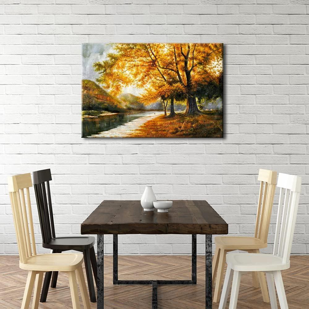 imageWieco Art Giclee Canvas Prints Wall Art by Oil Paintings Reproduction Large Contemporary Autumn Trees Pictures for Living Room Bedroom Home Decorations Modern Wrapped Landscape Forest Artwork