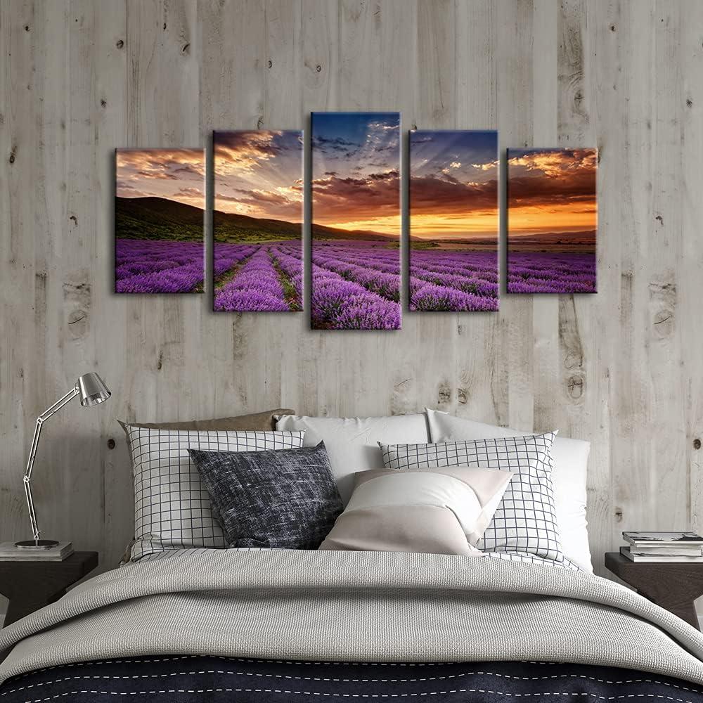imageWieco Art Lavender Field Abstract Canvas Prints Wall Art Purple Flowers Picture 5 Panels Modern Landscape Giclee for Living Room Bedroom Home Office Decorations