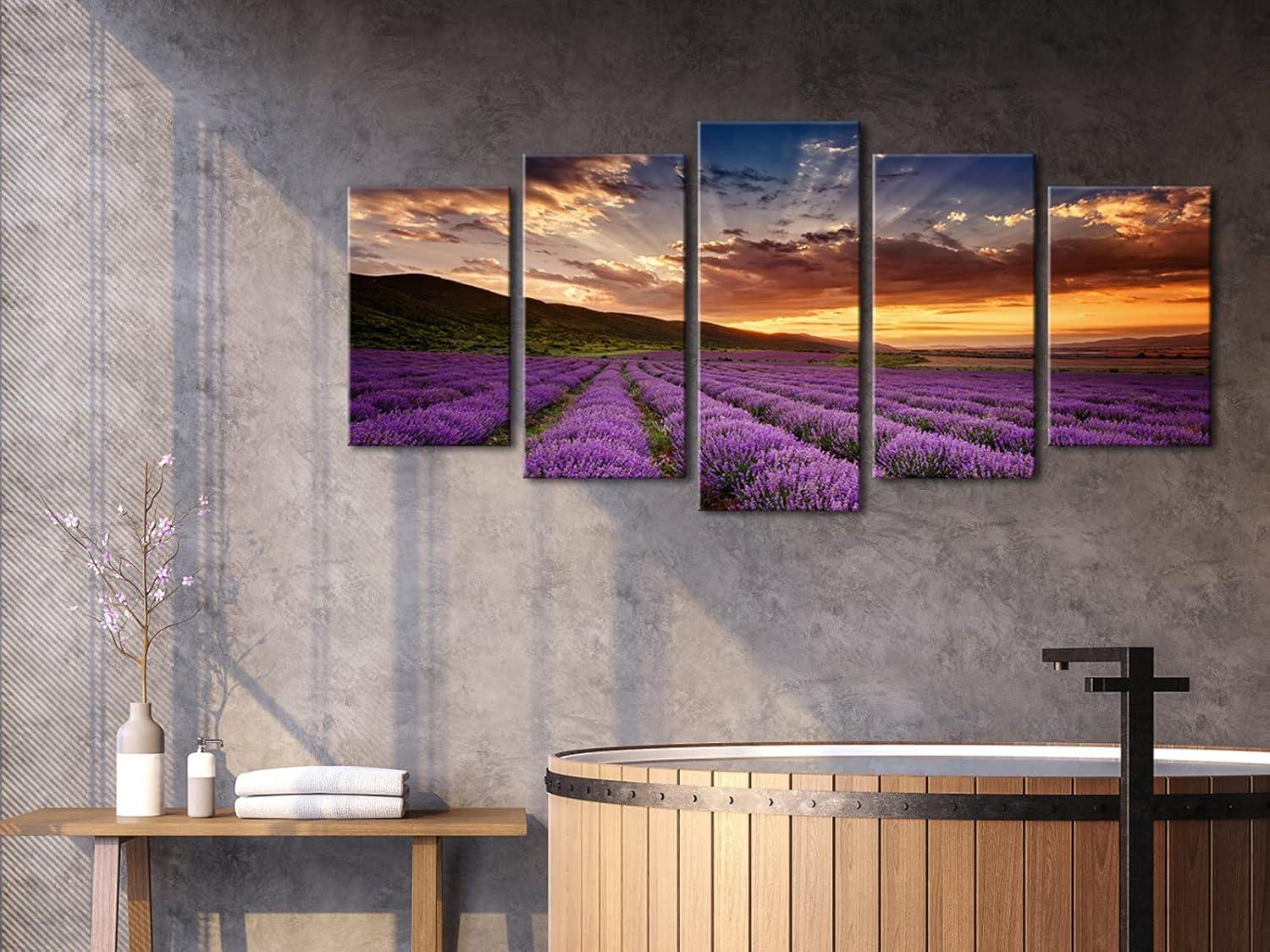 imageWieco Art Lavender Field Abstract Canvas Prints Wall Art Purple Flowers Picture 5 Panels Modern Landscape Giclee for Living Room Bedroom Home Office Decorations