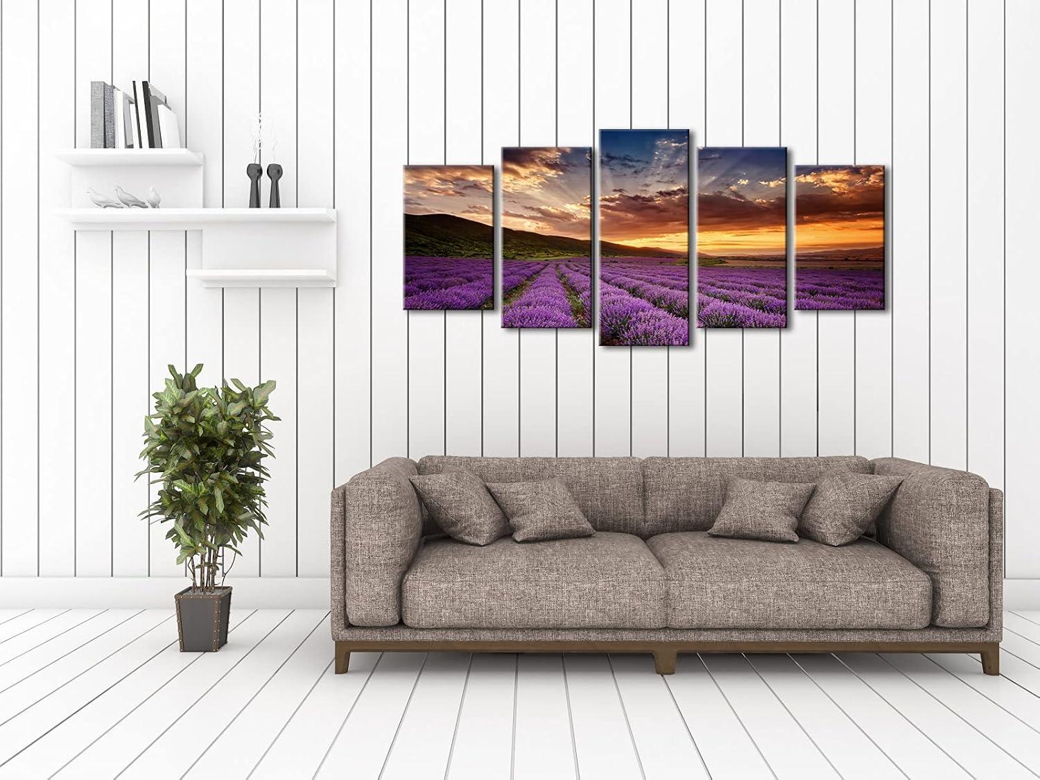 imageWieco Art Lavender Field Abstract Canvas Prints Wall Art Purple Flowers Picture 5 Panels Modern Landscape Giclee for Living Room Bedroom Home Office Decorations