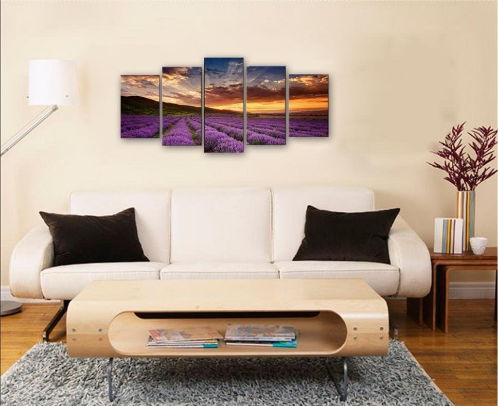 imageWieco Art Lavender Field Abstract Canvas Prints Wall Art Purple Flowers Picture 5 Panels Modern Landscape Giclee for Living Room Bedroom Home Office Decorations