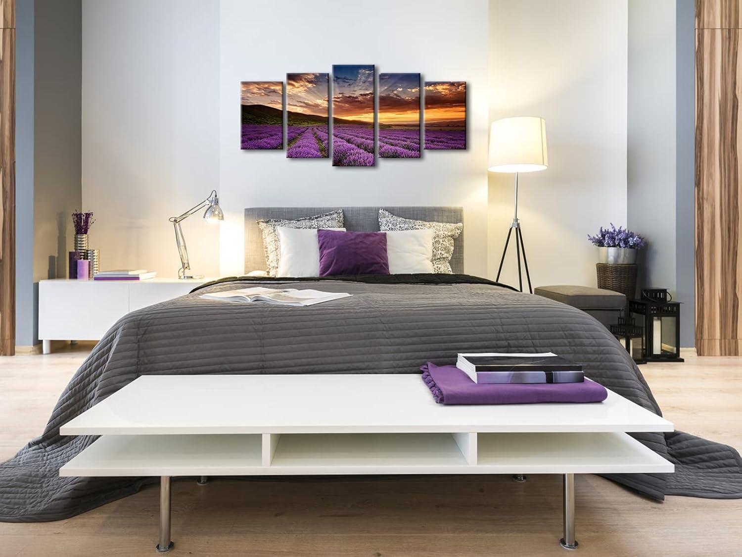 imageWieco Art Lavender Field Abstract Canvas Prints Wall Art Purple Flowers Picture 5 Panels Modern Landscape Giclee for Living Room Bedroom Home Office Decorations