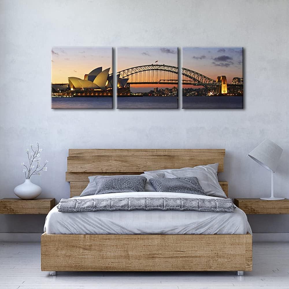 imageWieco Art Museum of Sydney Modern Canvas Prints Wall Art City Skyline Pictures Paintings for Living Room Bedroom Home Decorations 3 Piece Modern Stretched and Framed Giclee Ocean Sea Beach Artwork