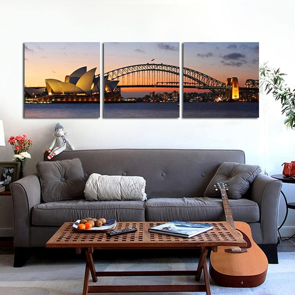 imageWieco Art Museum of Sydney Modern Canvas Prints Wall Art City Skyline Pictures Paintings for Living Room Bedroom Home Decorations 3 Piece Modern Stretched and Framed Giclee Ocean Sea Beach Artwork