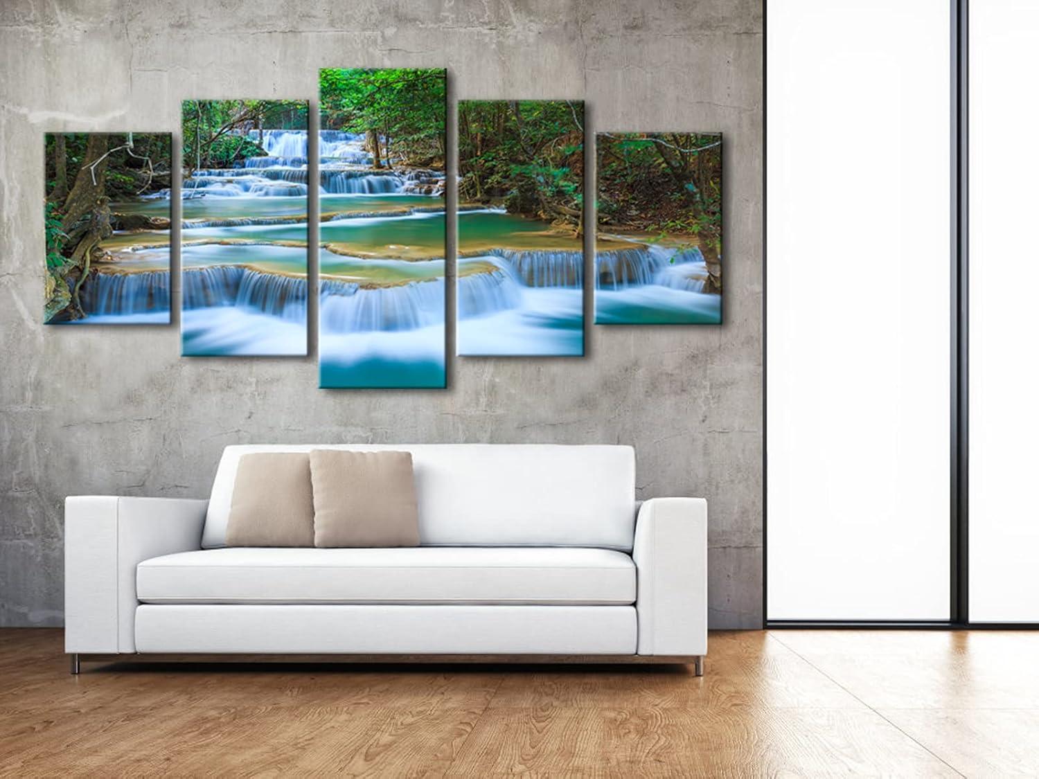 imageWieco Art Peaceful Waterfall 5 Panels Large Canvas Paintings Wall Art Modern Gallery Wrapped Landscape Forest Giclee Canvas Print Artwork Photo Pictures for Living Room Bedroom Home Decorations L16x24inchx2pcs 16x32inchx2pcs 16x40inchx1pc