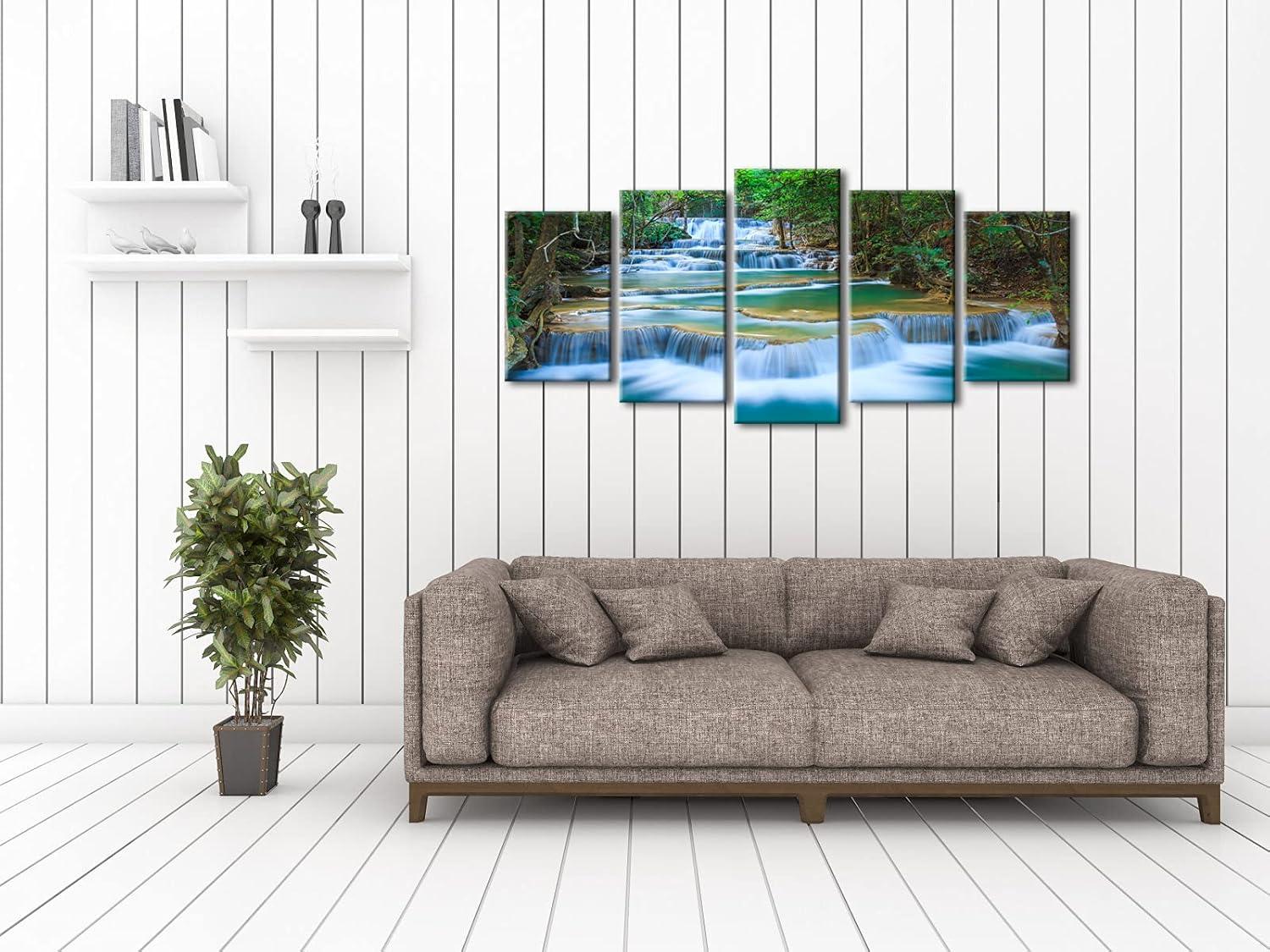 imageWieco Art Peaceful Waterfall 5 Panels Large Canvas Paintings Wall Art Modern Gallery Wrapped Landscape Forest Giclee Canvas Print Artwork Photo Pictures for Living Room Bedroom Home Decorations L10x16inchx2pcs 10x20inchx2pcs 10x24inchx1pc