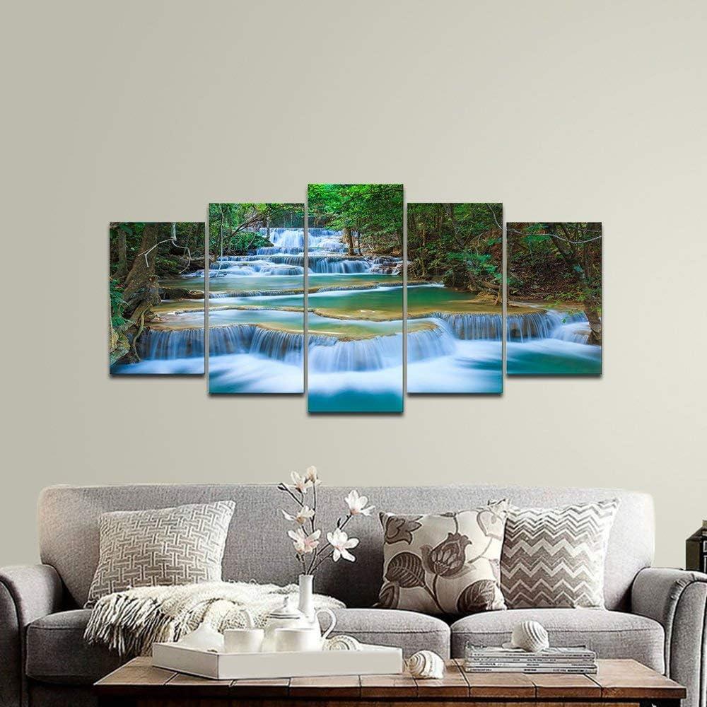 imageWieco Art Peaceful Waterfall 5 Panels Large Canvas Paintings Wall Art Modern Gallery Wrapped Landscape Forest Giclee Canvas Print Artwork Photo Pictures for Living Room Bedroom Home Decorations L10x16inchx2pcs 10x20inchx2pcs 10x24inchx1pc
