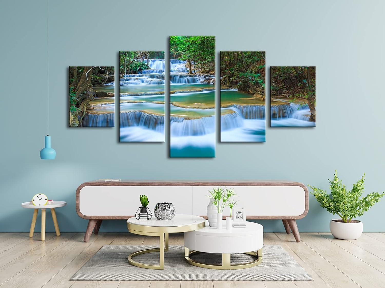 imageWieco Art Peaceful Waterfall 5 Panels Large Canvas Paintings Wall Art Modern Gallery Wrapped Landscape Forest Giclee Canvas Print Artwork Photo Pictures for Living Room Bedroom Home Decorations L12x16inchx2pcs 12x24inchx2pcs 12x32inchx1pc